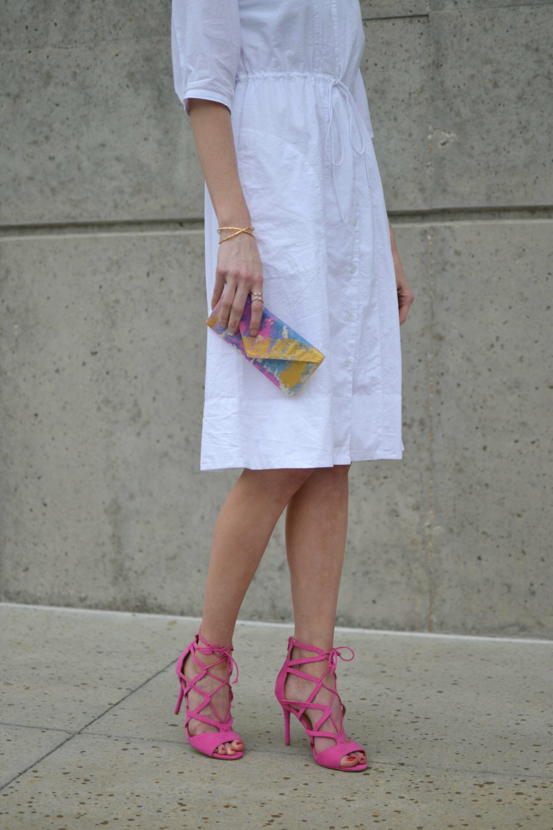white dress with pink heels