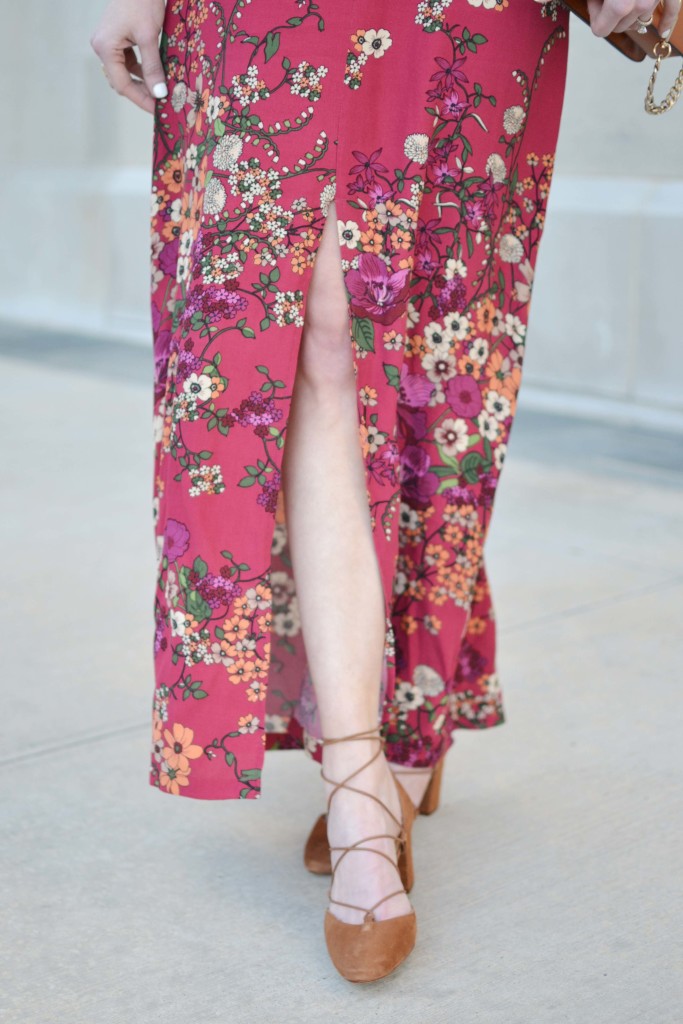 WAYF floral maxi dress, shoes
