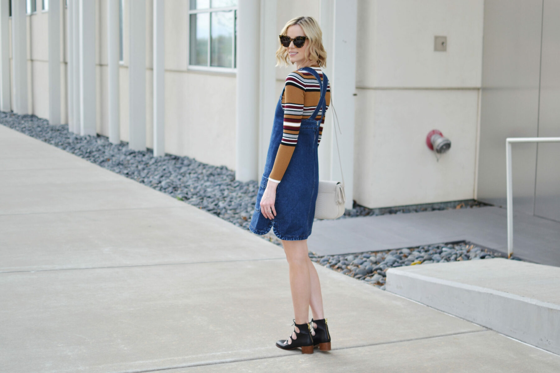 striped denim overall dress