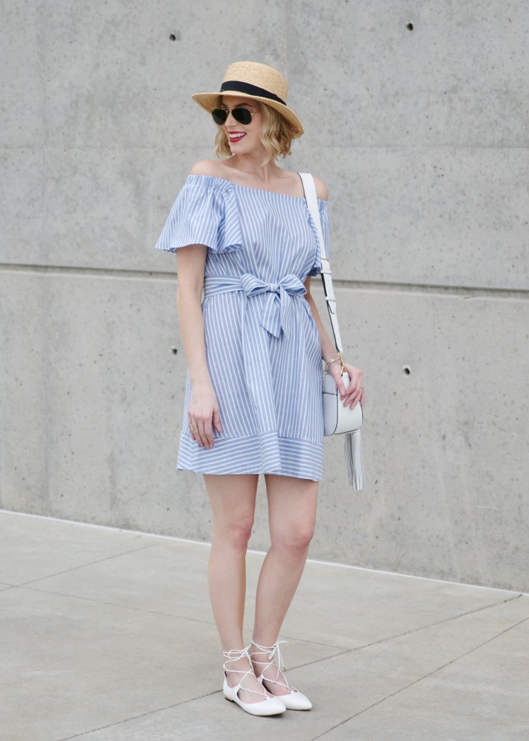 Blue and White Striped Off the Shoulder Dress - Straight A Style