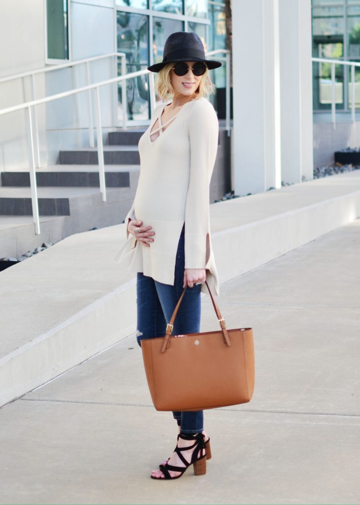 Free People sweater, jeans, Tory Burch tote 1
