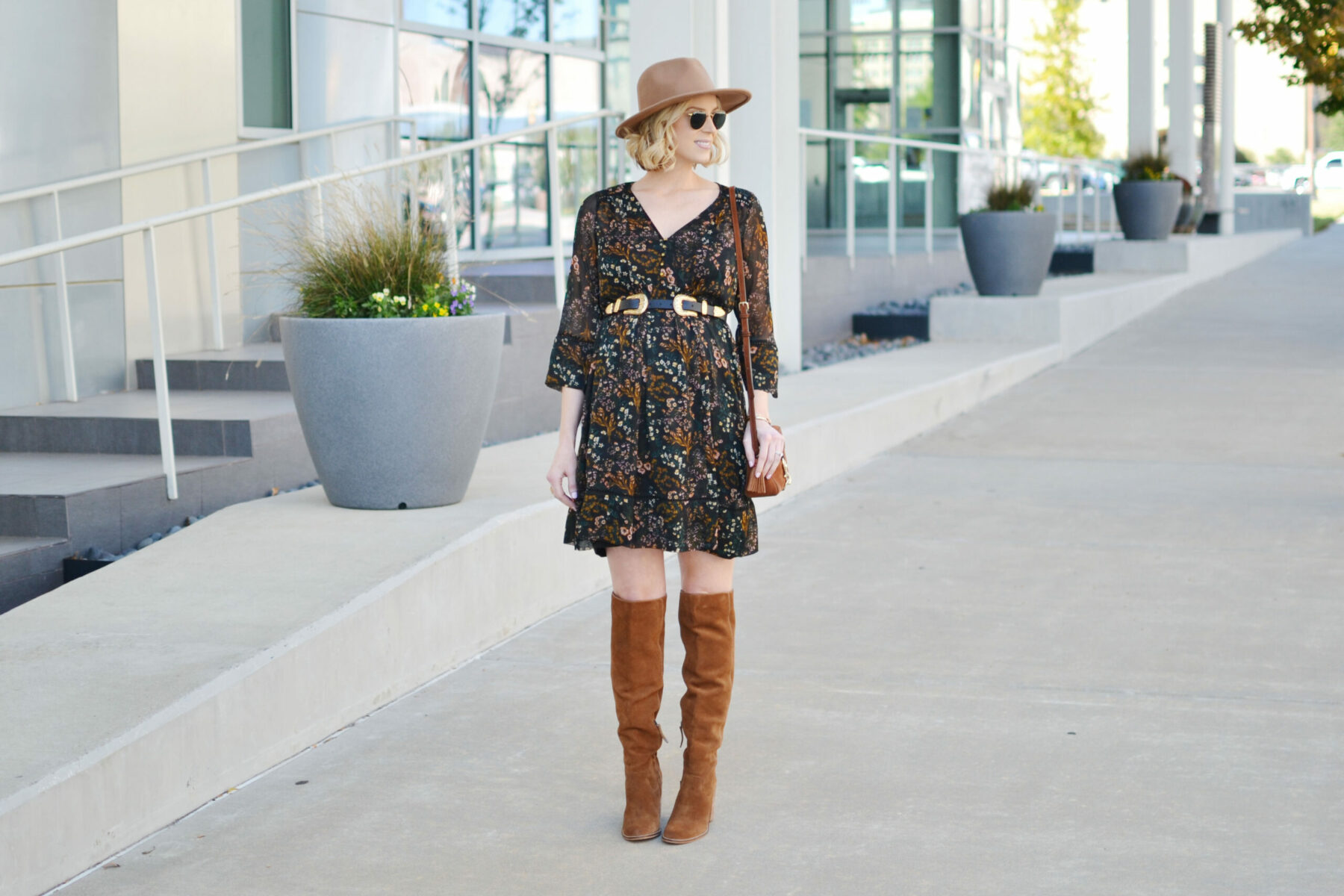 floral dress with knee high boots
