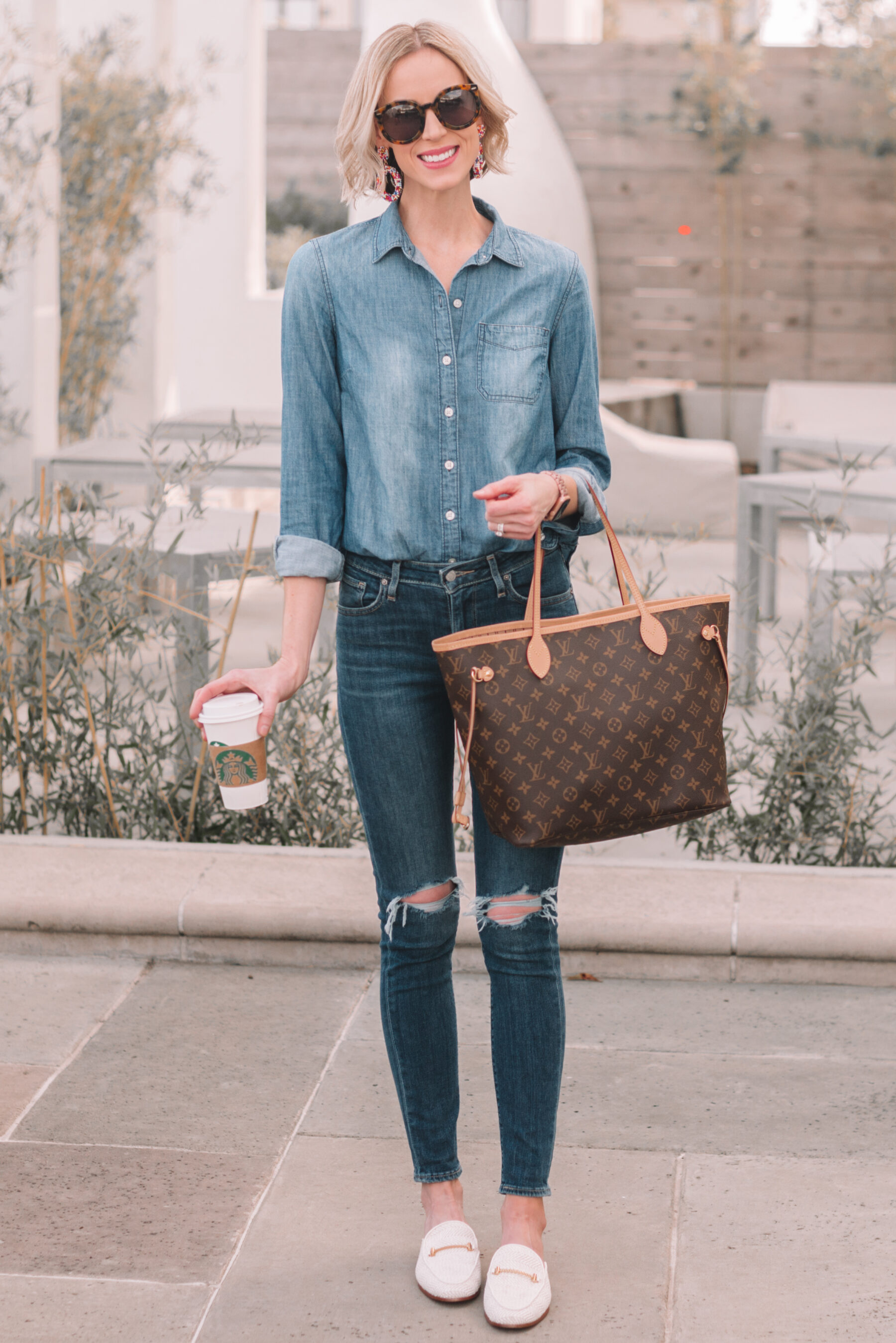 Chambray Romper  Chambray romper, Louis vuitton bag neverfull, Stylish  outfits