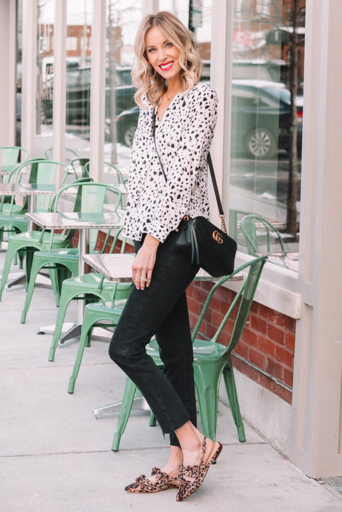 leopard bow flats, black straight leg jeans, white blouse
