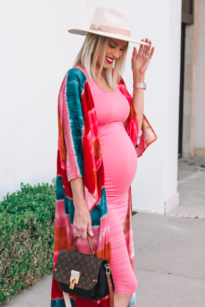 I loved styling this pink ruched dress with my bright tie dye kimono. The perfect summer outfit combination! 