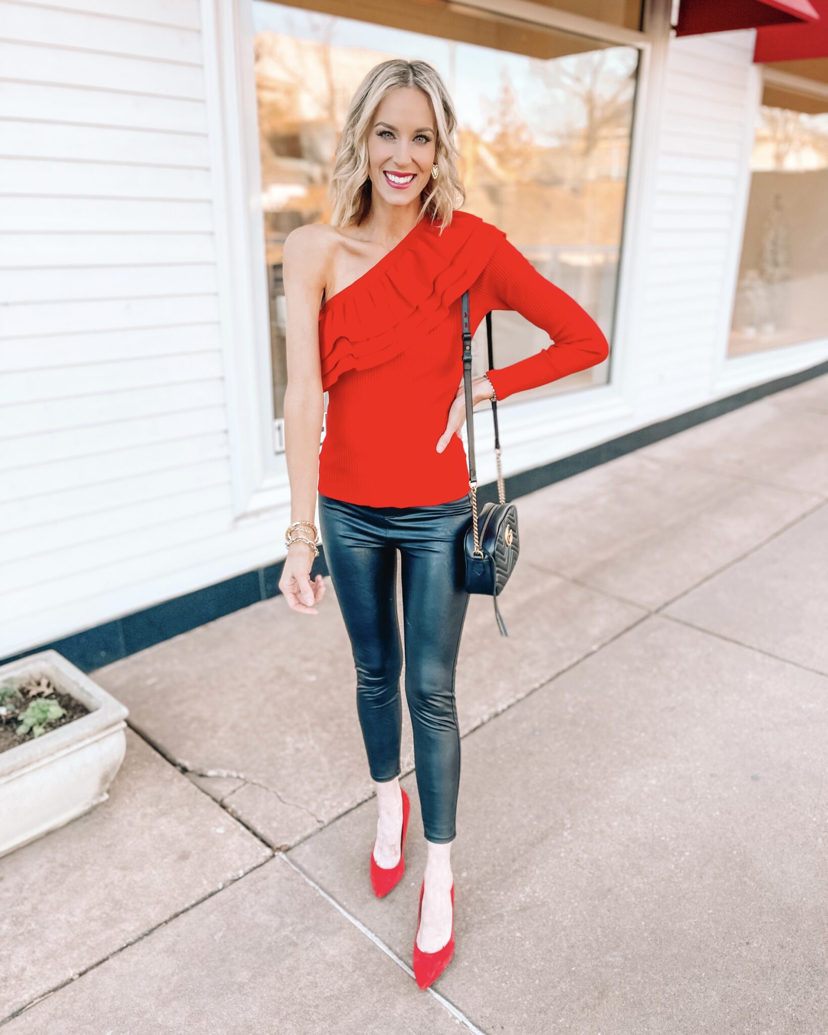 One Shoulder Ruffle Sleeve Red Top - Valentine's Day Outfit Idea ...