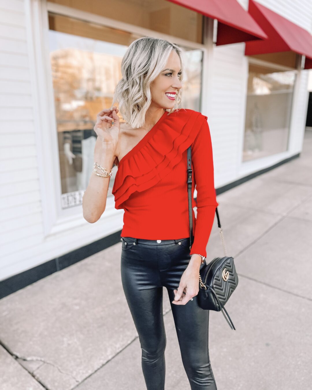 One Shoulder Ruffle Sleeve Red Top - Valentine's Day Outfit Idea ...