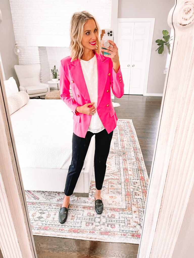 a bright work outfit with a hot pink blazer, a white tee, navy