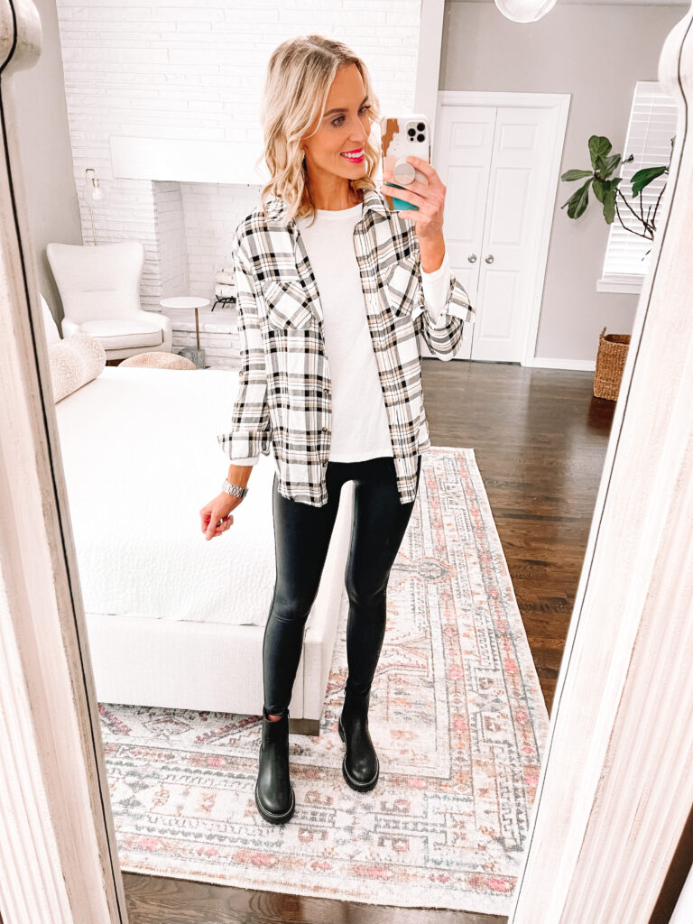 Magnolia Boutique on Instagram: “Graphic tee + flannel + faux leather  leggings make for the best trendy Fall…