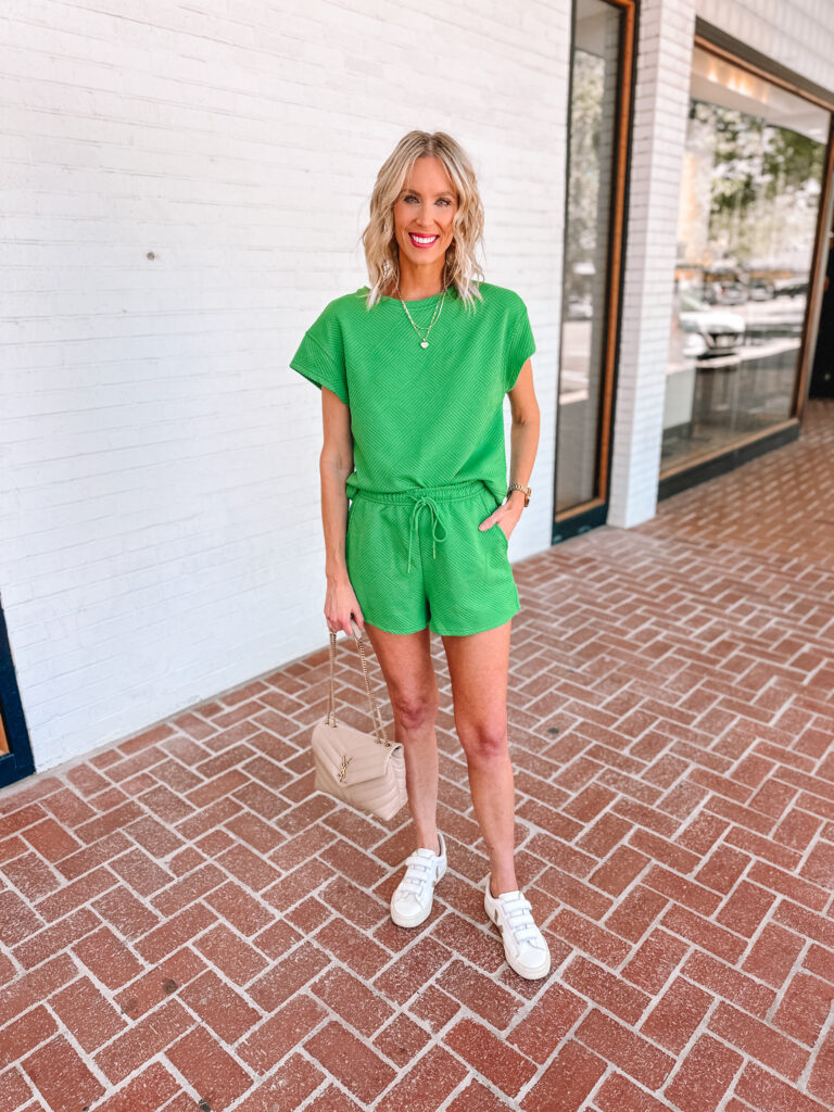 My summer mom wardrobe has basically been Amazon short sets.  They look so put together and stylish while also making getting dress so easy. This green matching set is my all time favorite. 