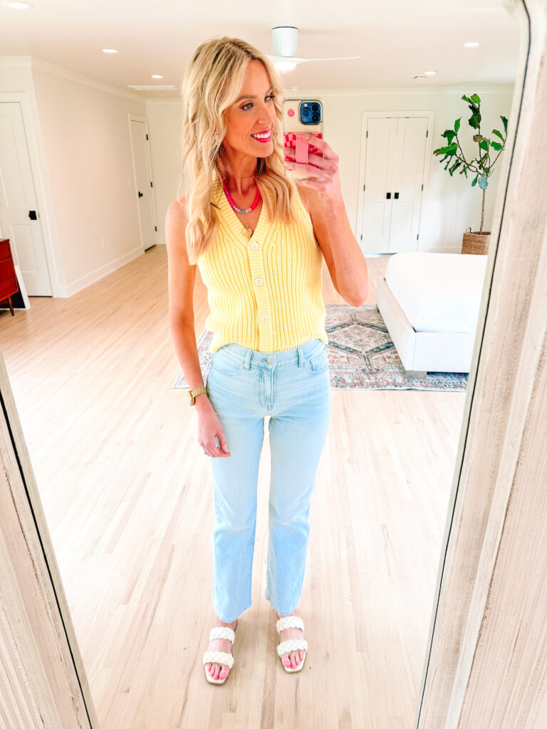 You will love this Madewell try on haul! It has all the good denim and all the trends for summer. I'm obsessed! Butter yellow is the color of the season, so this sweater vest is perfect! Love it with these straight leg jeans!