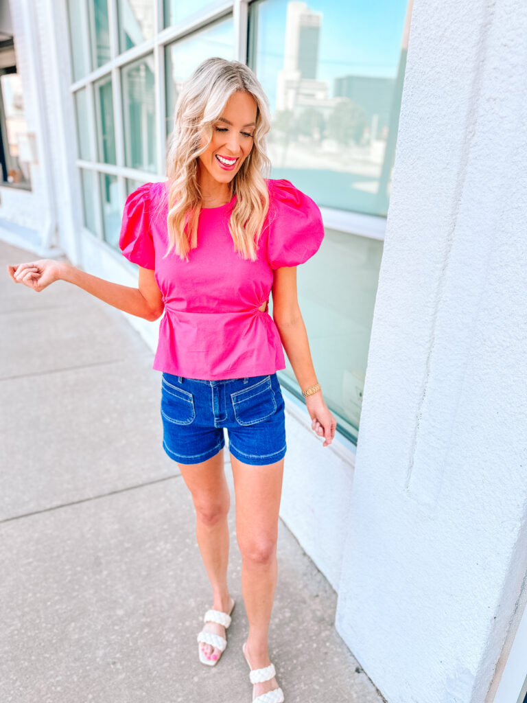 This Walmart summer outfit is one you are sure to repeat both together and separately. This top is one of the most flattering things I have ever worn, and I love the patch pocket jean shorts!