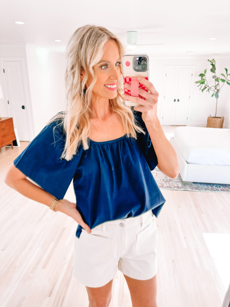 Today I have a really fun Walmart top and short try on for you with nothing over $26! I'm sharing 5 tops and 2 pairs of jean shorts you are going to love! You will love this square neck top. 