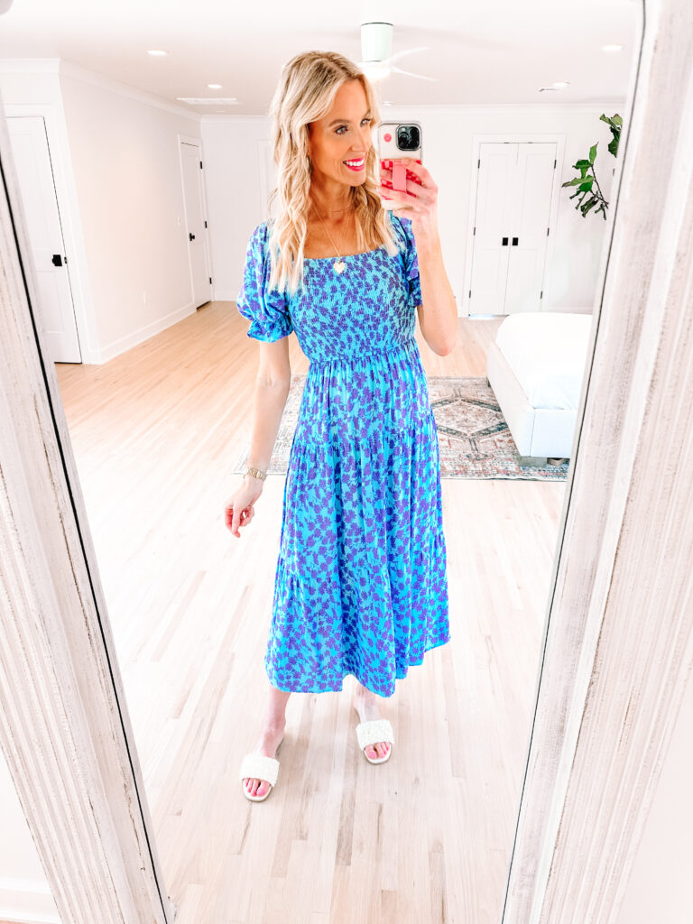 I have a fun post rounding up four of my favorite Amazon beach dresses! These are all affordable, true to size, and perfect for your vacation! You will love this blue and purple smocked midi dress. 