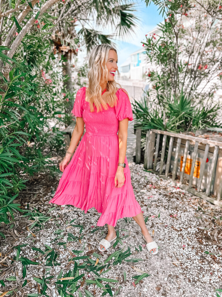 I am loving this Amazon pink midi dress. It is the perfect beach dress to style with sandals and fun jewelry!
