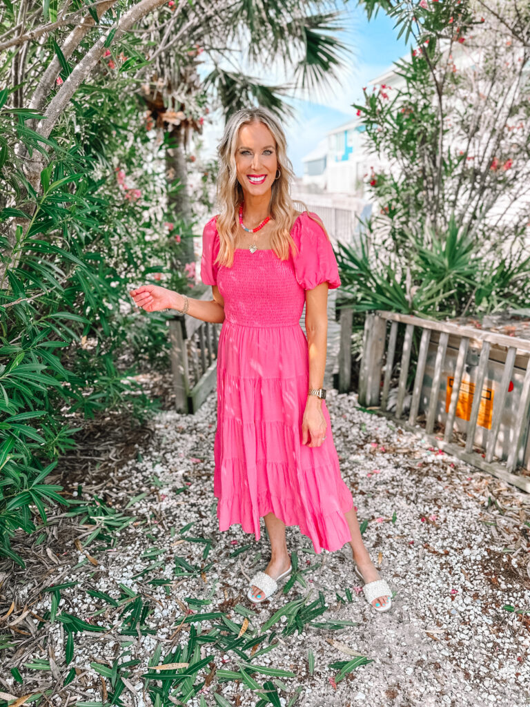 I am loving this Amazon pink midi dress. It is the perfect beach dress to style with sandals and fun jewelry!