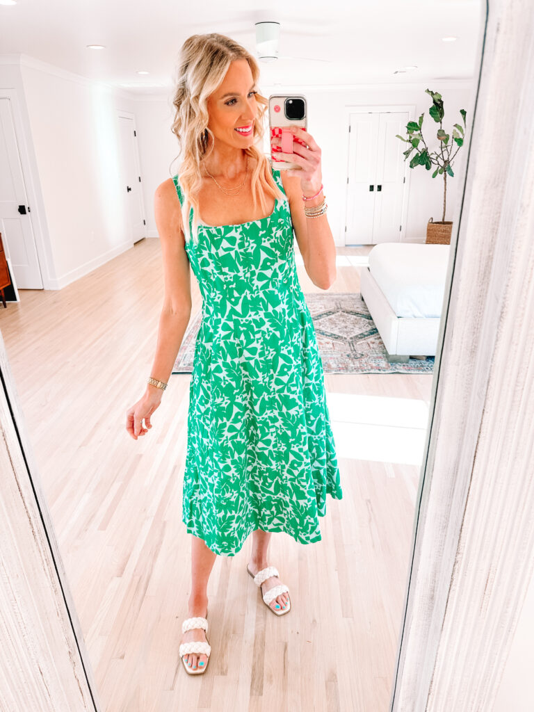 I wanted to share a full Walmart dress try on with five dresses all $36 and under. They are all versatile and can be worn casually, to work, or dressed up. This printed green midi dress is so fun!