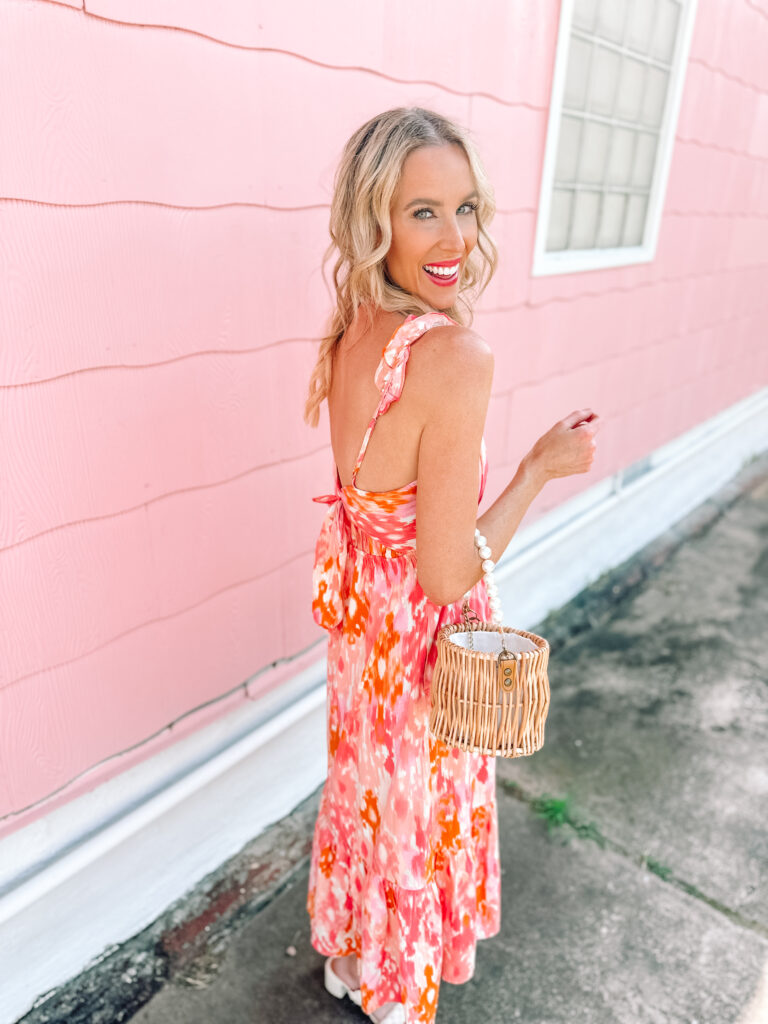 I am loving this $20 printed dress! It has the cutest details like the ruffle straps and bow back.