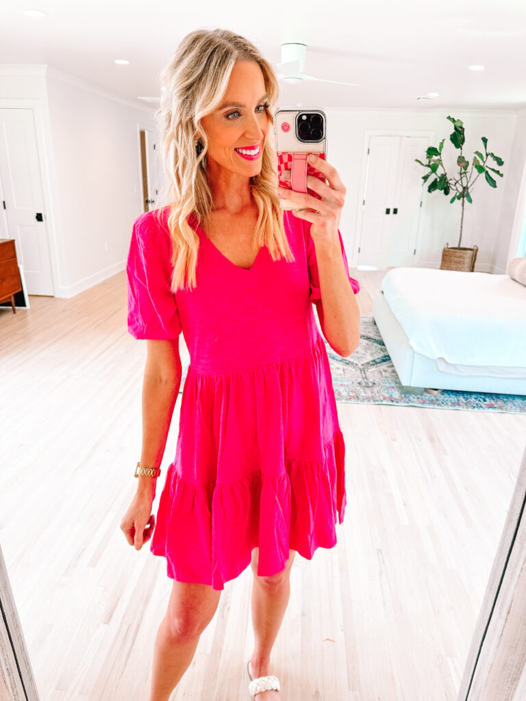 I wanted to share a full Walmart dress try on with five dresses all $36 and under. They are all versatile and can be worn casually, to work, or dressed up. This pink cotton dress is so perfect for summer!