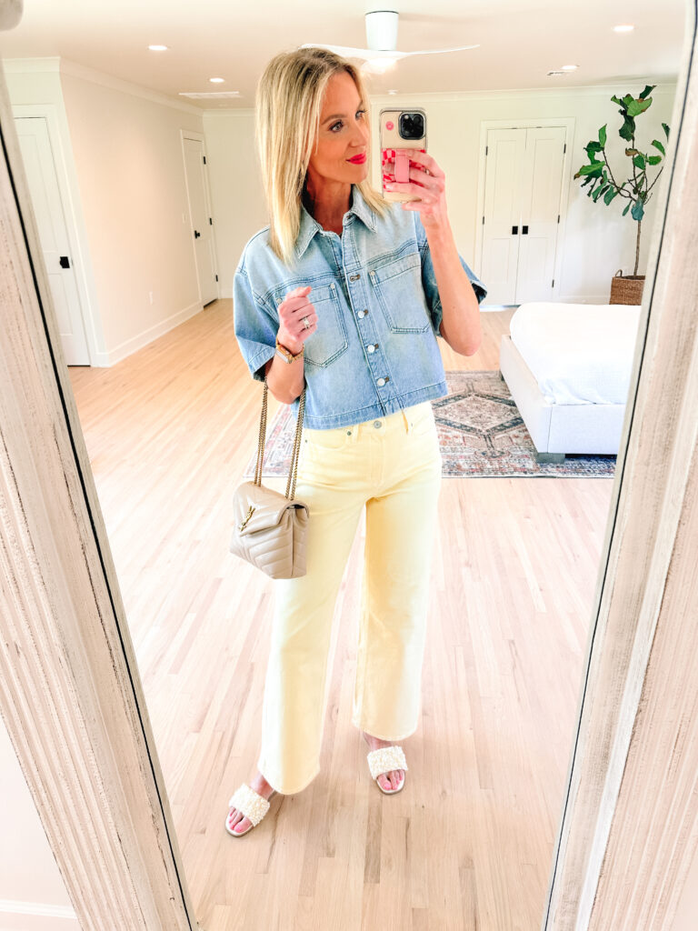 Looking for colorful outfit inspiration? You are in the right place! I love unexpected combinations, color, and print. These yellow jeans are so fun with a denim top.