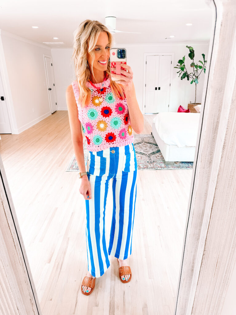 Looking for colorful outfit inspiration? You are in the right place! I love unexpected combinations, color, and print. These bold blue and white striped pants are so fun with this floral crochet top.