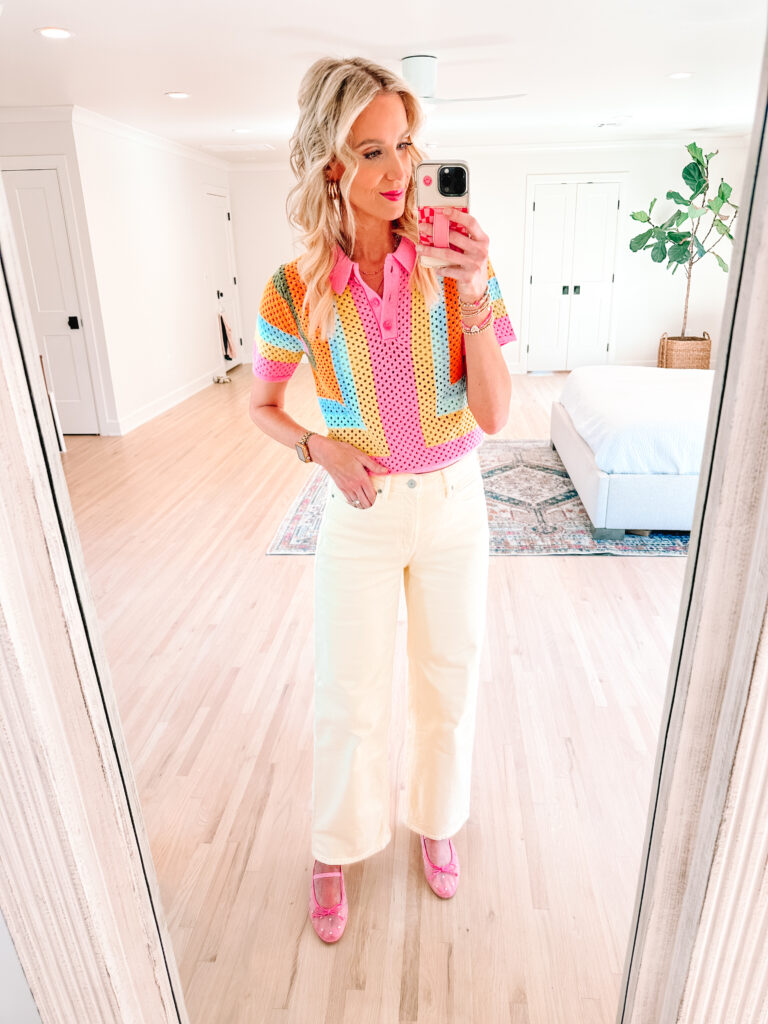 Looking for colorful outfit inspiration? You are in the right place! I love unexpected combinations, color, and print. I am obsessed with this colorful polo style crochet top with these yellow jeans. 