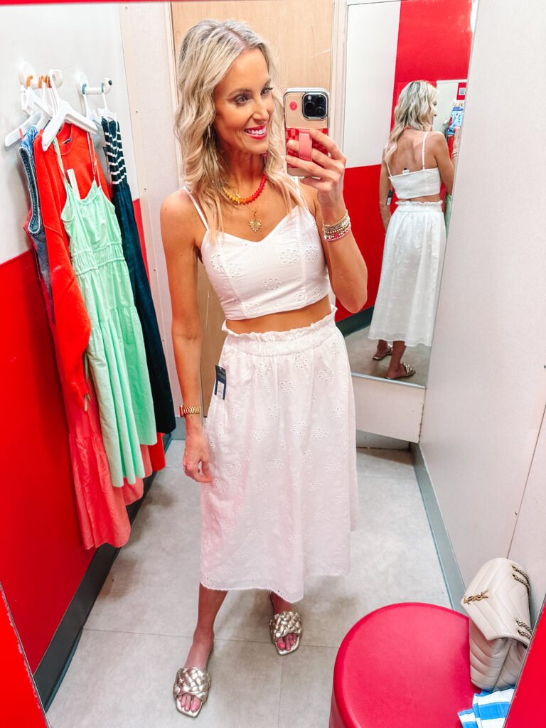 I am sharing a full summer Target try on haul here with details on these 9 summer outfits you'll love! I have dresses, shorts, rompers and more! How cute is this white eyelet shirt and skirt set?!