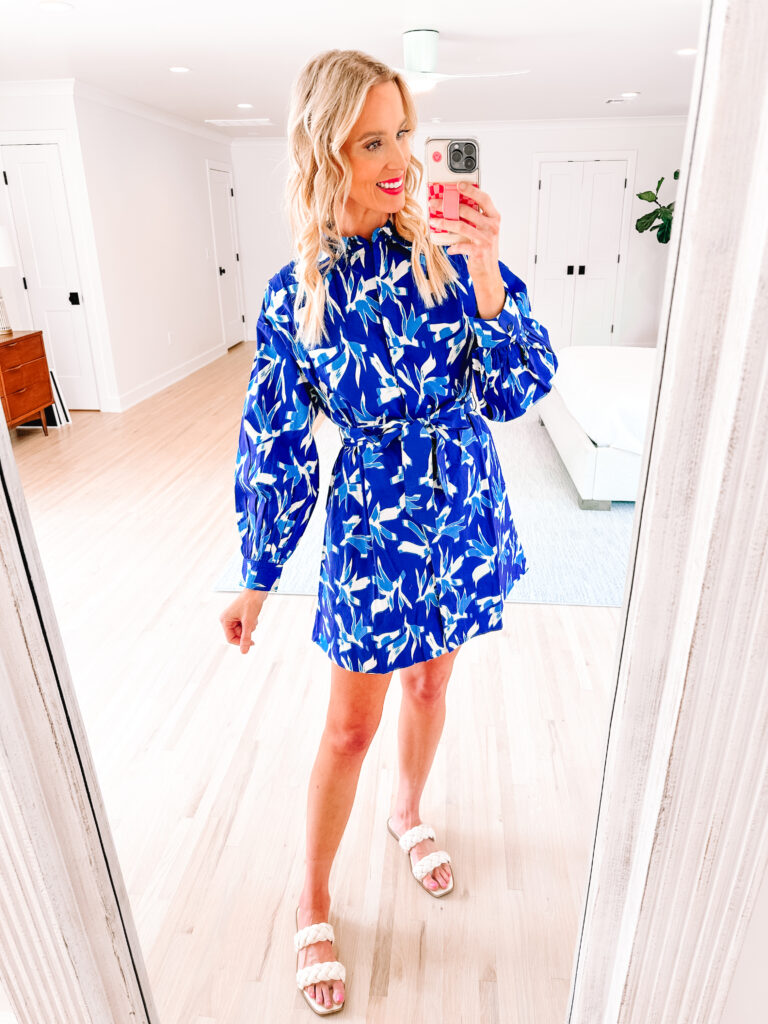 Sharing a Walmart try on haul with 5 outfits mostly with items in the $14 range! You'll love these cute, affordable pieces! I love this printed blue dress!