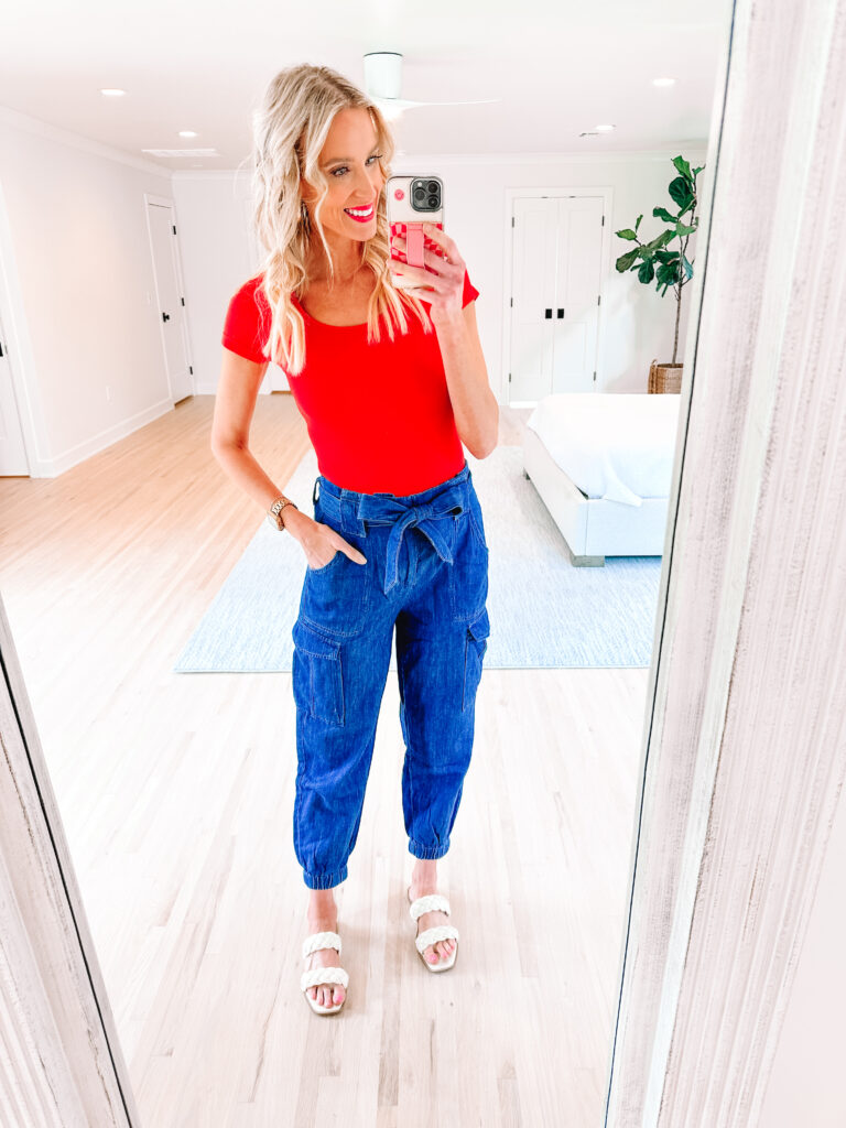 I'm sharing a really fun Walmart try on haul including dresses, work outfits, and more. I love these lightweight denim joggers with the red bodysuit. 