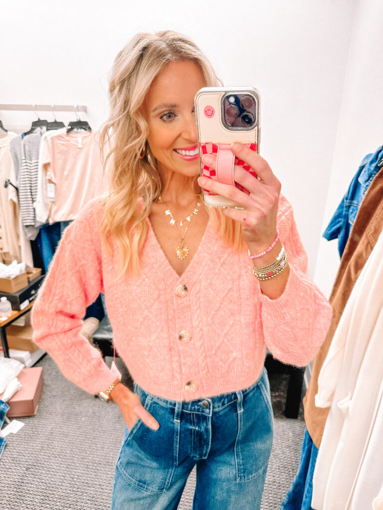 Nordstrom Anniversary in store try on haul with all the details on size and fit of 12 styled outfits! You'll love all of this fall outfit inspiration! I am obsessed with this pink cardigan! 