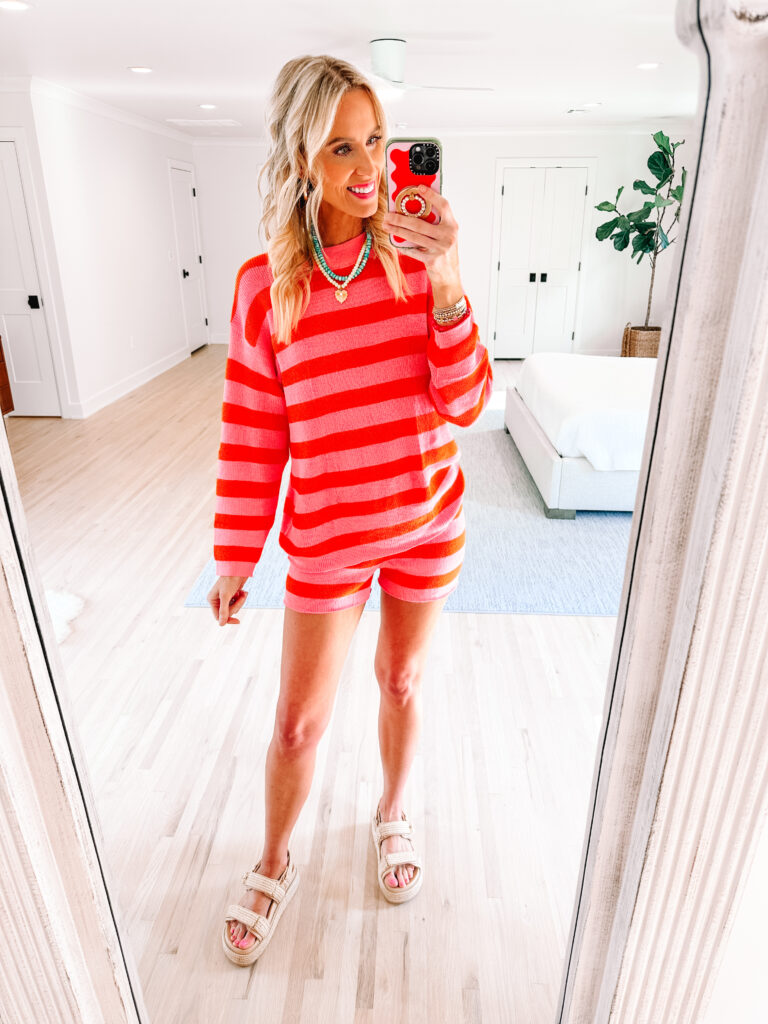 Sharing a fun Amazon try on haul with lots of cute, colorful items you will love! I love this colorful striped sweater short set. 