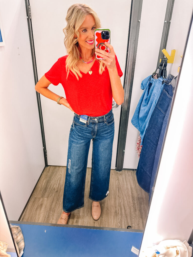 I have the best fall Old Navy try on haul for you all today!! I'm sharing 12 outfit ideas with casual fall outfit ideas, fall dresses, casual work outfit ideas, athleisure, and more! I love these wide leg jeans and red top. 