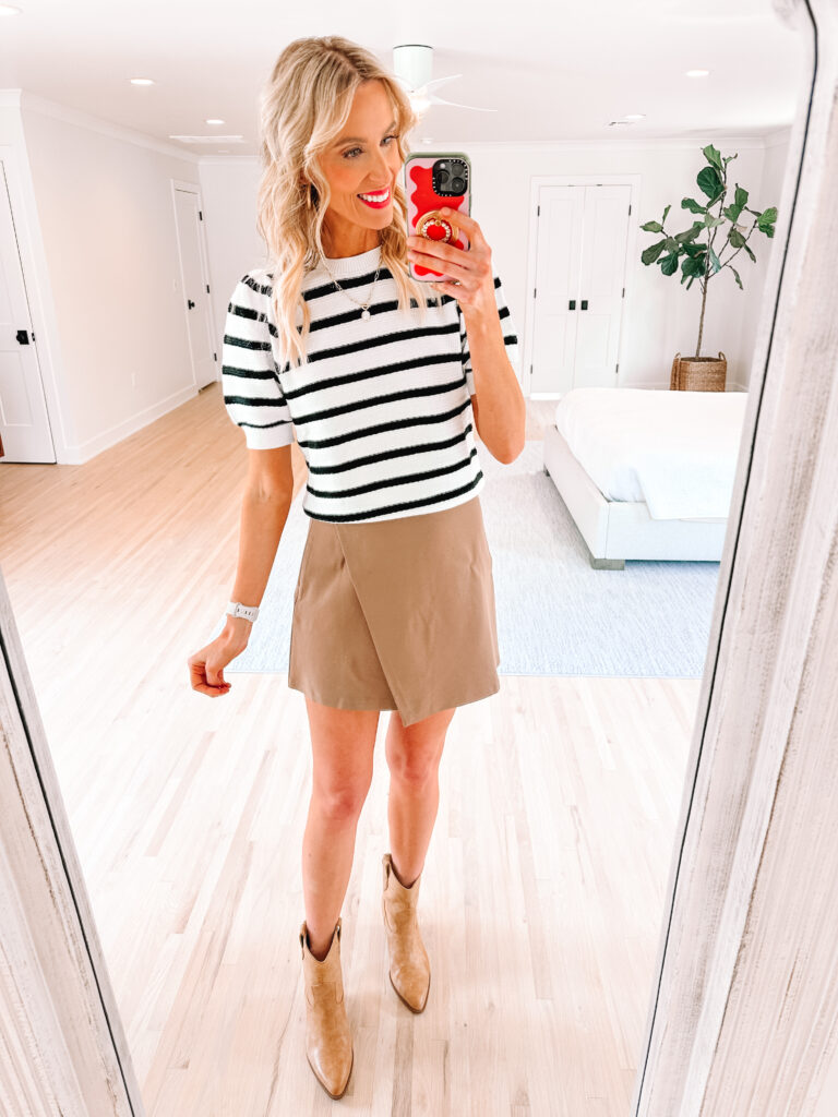 I have a really fun mix and match fall Walmart try on haul for you all with 10 outfits made up of just 9 pieces. How cute is this wrap skirt with the striped sweater?!