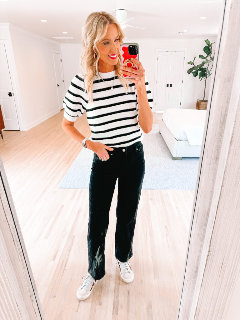 I have a really fun mix and match fall Walmart try on haul for you all with 10 outfits made up of just 9 pieces. These $15 jeans are great with a striped sweater. 