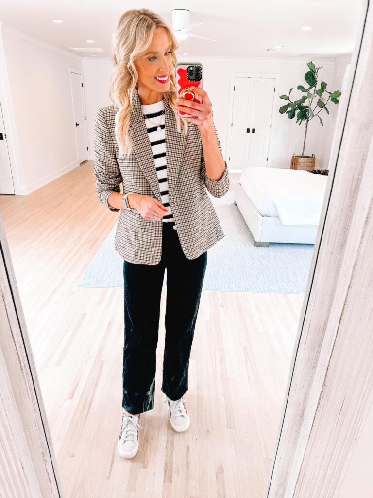 Add a blazer to a striped sweater for a chic and easy outfit. 