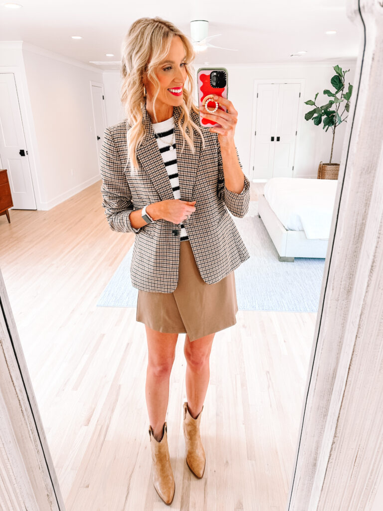 Pair your striped sweater with a blazer and skirt for a great fall outfit!