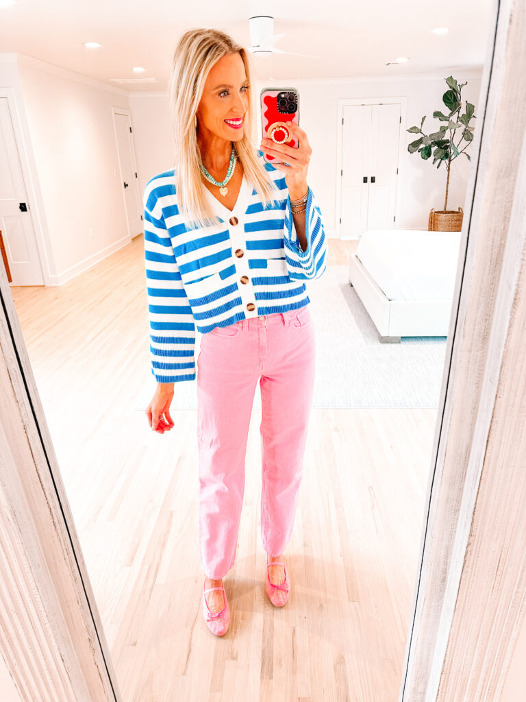 I'm sharing a fun Amazon try on haul with six different looks you will love! I am obsessed with this blue and white striped cardigan. 