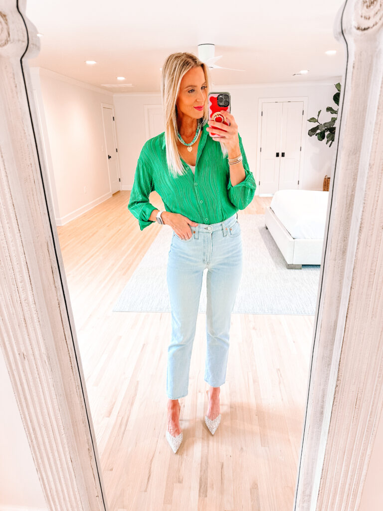 I'm sharing a fun Amazon try on haul with six different looks you will love! This green button front blouse is a perfect work to weekend item. 