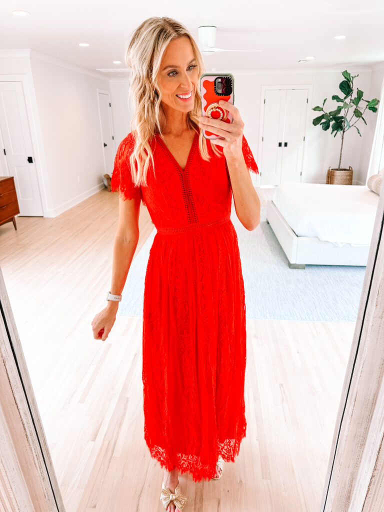 I am rounding up 6 of the best Amazon fall wedding guest dresses for you all $60 and under!! You will turn heads in this gorgeous red lace maxi dress. 