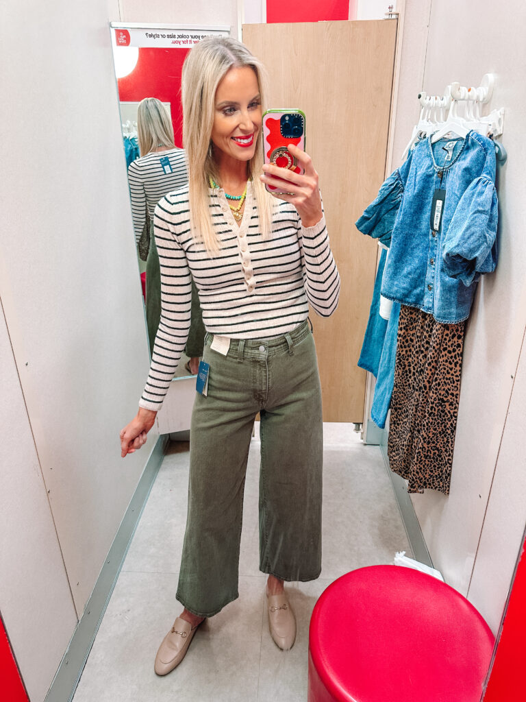 Today I wanted to share my full Target fall try on haul with 10 outfits. You will love these fall outfit ideas with pieces all $35 and under! How great are the olive jeans and striped top?!